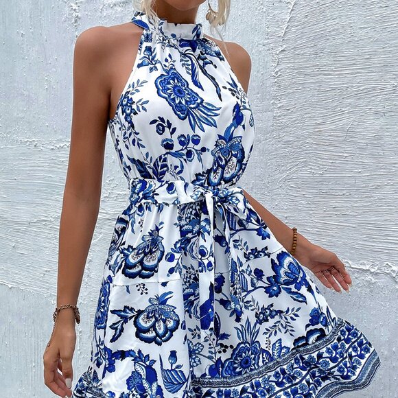 Blue And White Boho Women's Floral Print Belted Halter Dress Vacation Beach - Picture 1 of 6